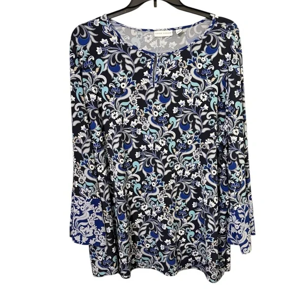 Susan Graver Blue and White Floral Blouse size 3X liquid knit material top - Picture 1 of 7